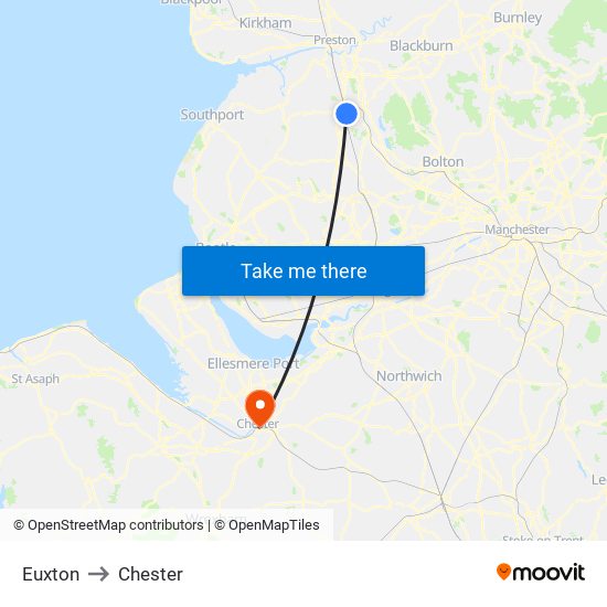 Euxton to Chester map