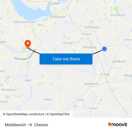 Middlewich to Chester map