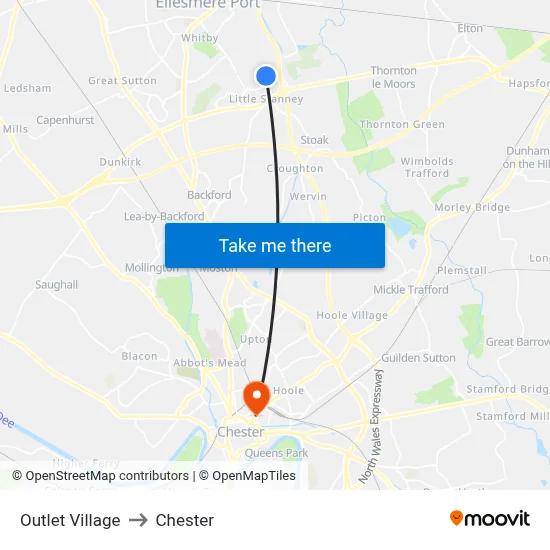 Outlet Village to Chester map
