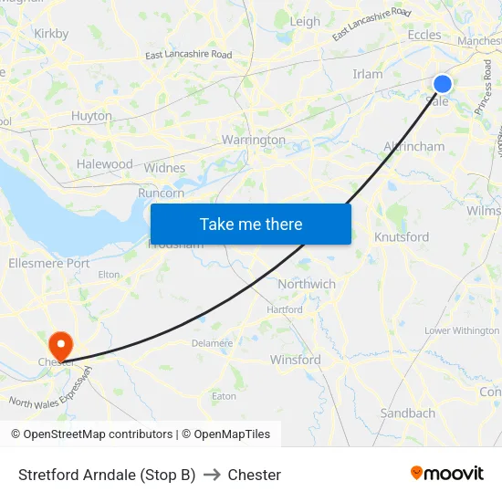 Stretford Mall to Chester map