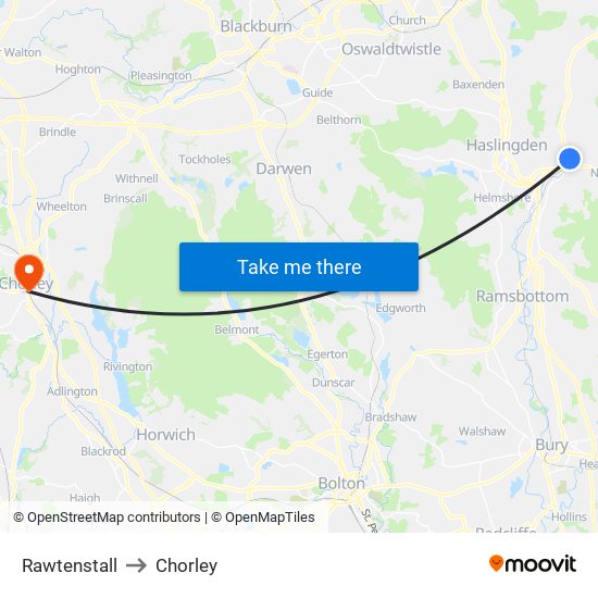 Rawtenstall to Chorley map