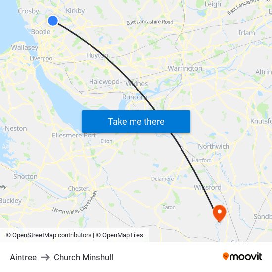 Aintree to Church Minshull map