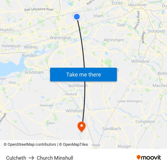 Culcheth to Church Minshull map