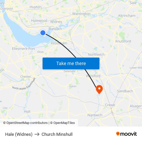 Hale (Widnes) to Church Minshull map