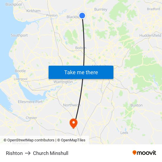 Rishton to Church Minshull map