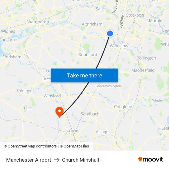 Manchester Airport to Church Minshull map