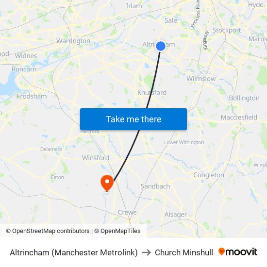 Altrincham (Manchester Metrolink) to Church Minshull map