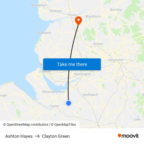 Ashton Hayes to Clayton Green map