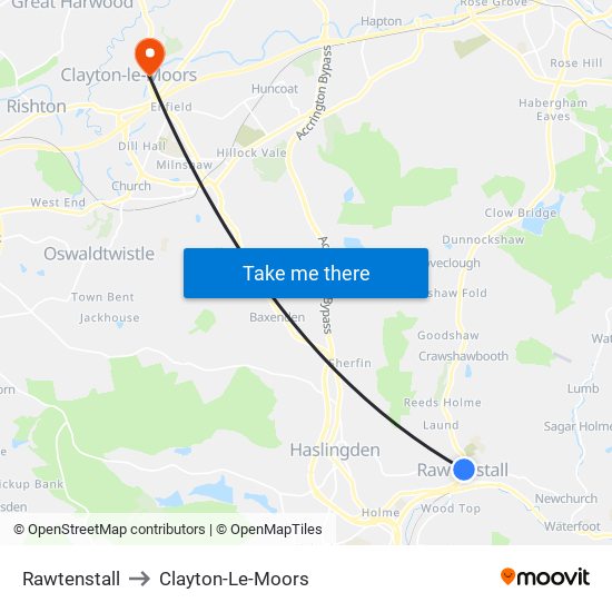 Rawtenstall to Clayton-Le-Moors map