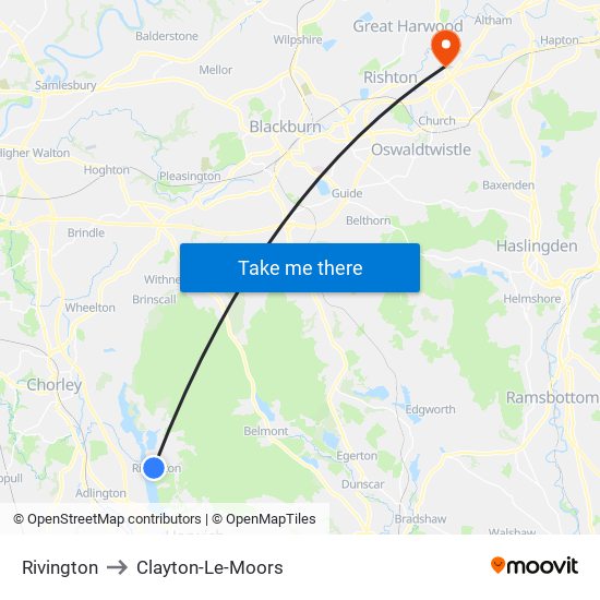 Rivington to Clayton-Le-Moors map