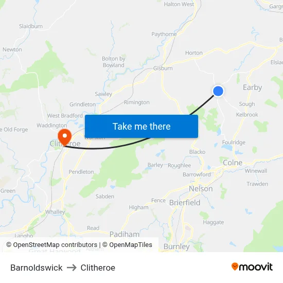 Barnoldswick to Clitheroe map