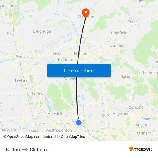 Bolton to Clitheroe map