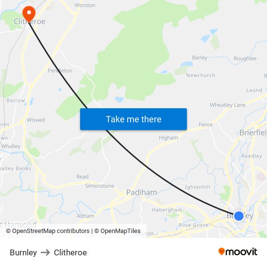 Burnley to Clitheroe map