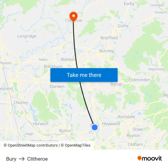 Bury to Clitheroe map