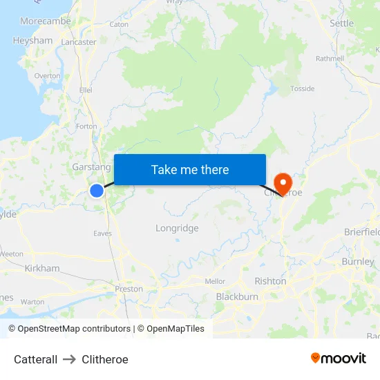 Catterall to Clitheroe map
