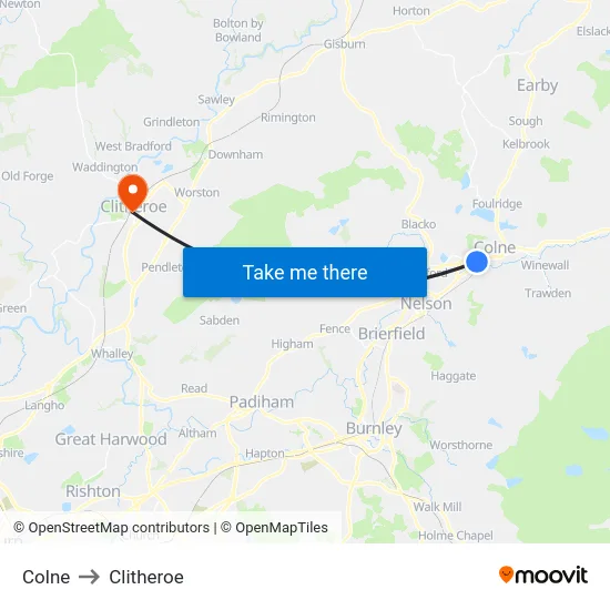 Colne to Clitheroe map