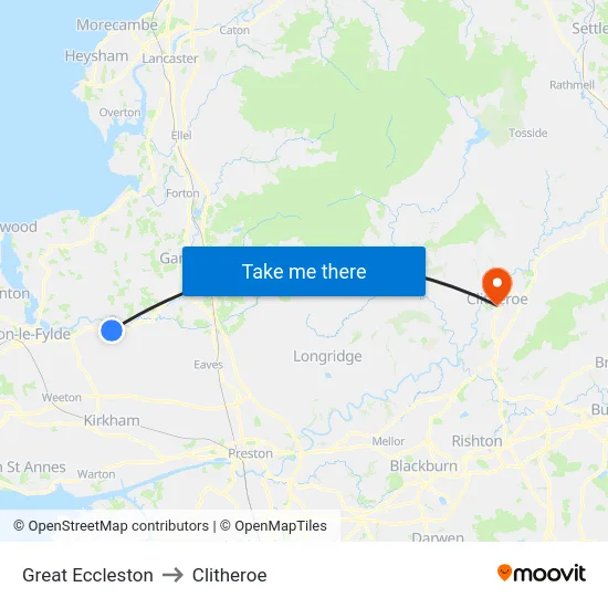 Great Eccleston to Clitheroe map