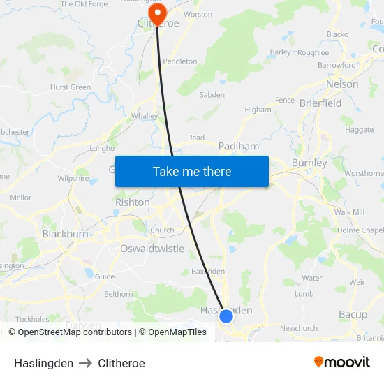 Haslingden to Clitheroe map