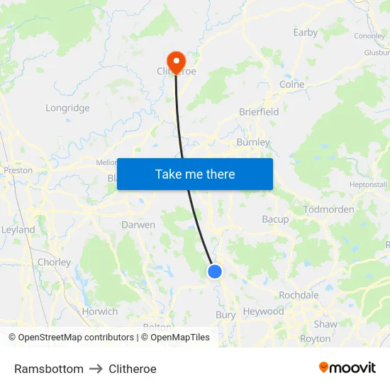 Ramsbottom to Clitheroe map