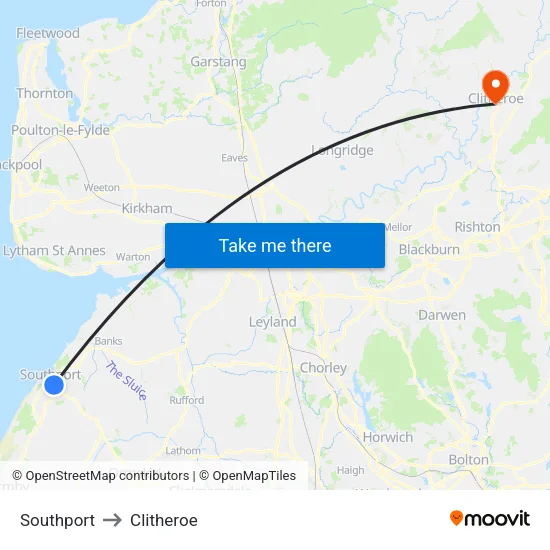 Southport to Clitheroe map