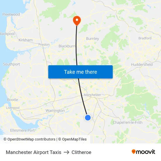 Manchester Airport Taxis to Clitheroe map