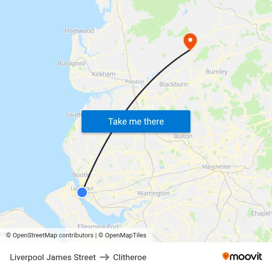 Liverpool James Street to Clitheroe map