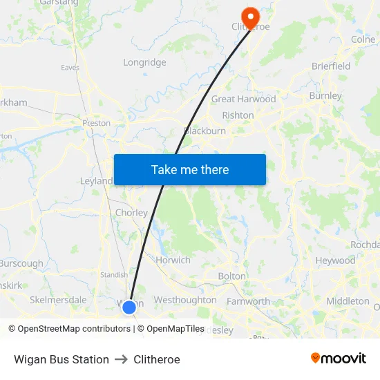 Wigan Bus Station to Clitheroe map