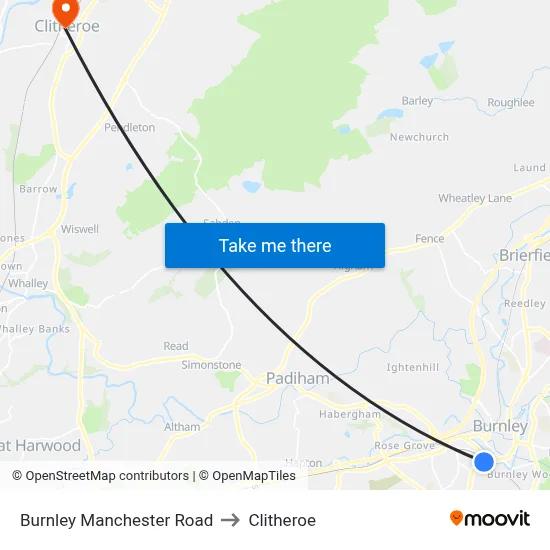 Burnley Manchester Road to Clitheroe map