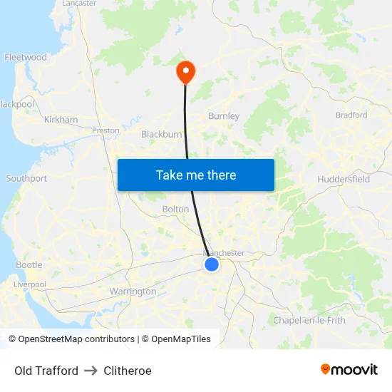 Old Trafford to Clitheroe map