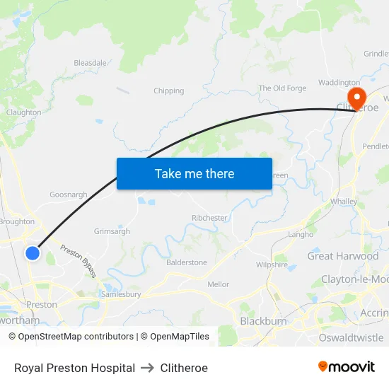 Royal Preston Hospital to Clitheroe map