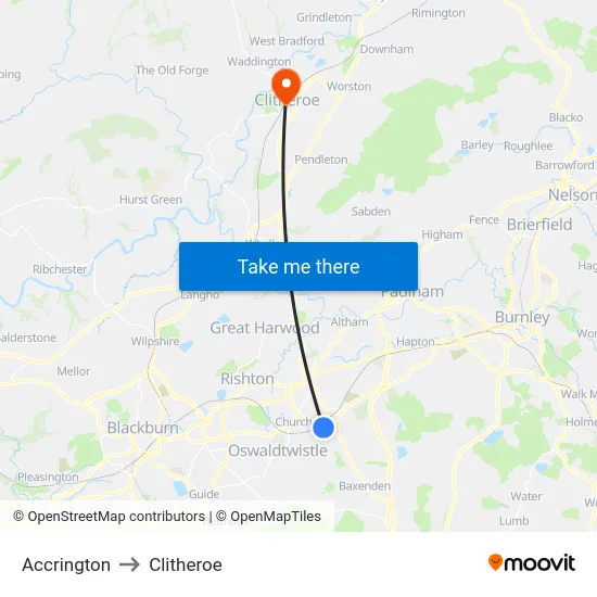 Accrington to Clitheroe map