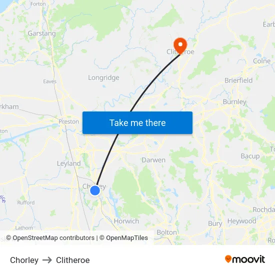 Chorley to Clitheroe map
