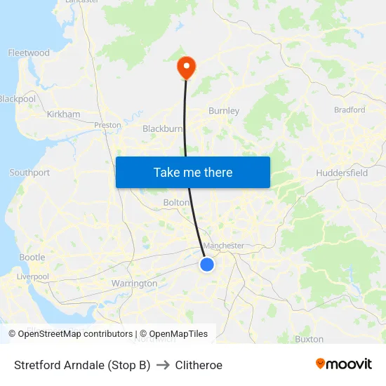 Stretford Mall to Clitheroe map