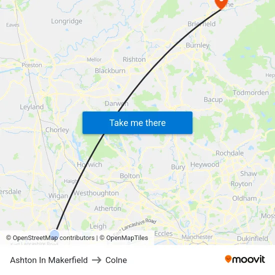 Ashton In Makerfield to Colne map