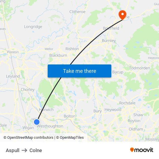 Aspull to Colne map
