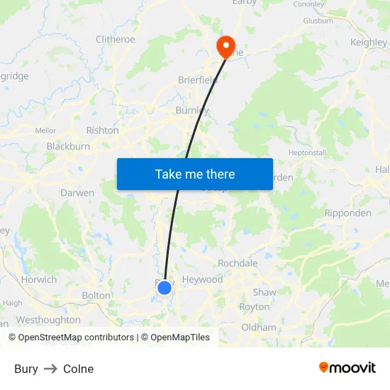 Bury to Colne map