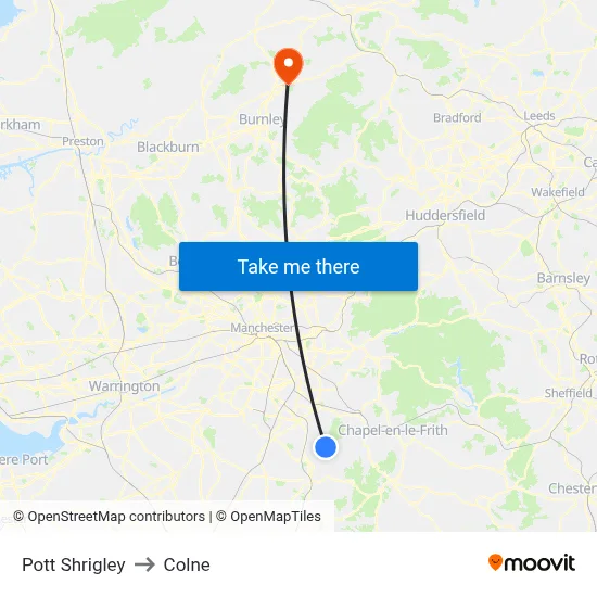 Pott Shrigley to Colne map