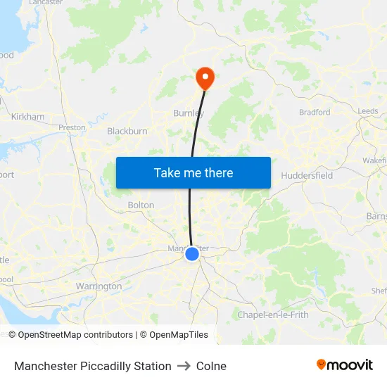Manchester Piccadilly Station to Colne map