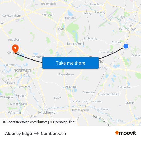 Alderley Edge to Comberbach map