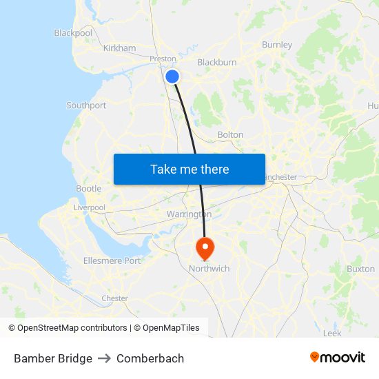 Bamber Bridge to Comberbach map