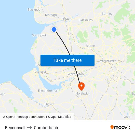 Becconsall to Comberbach map