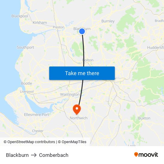 Blackburn to Comberbach map