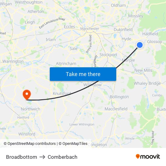 Broadbottom to Comberbach map
