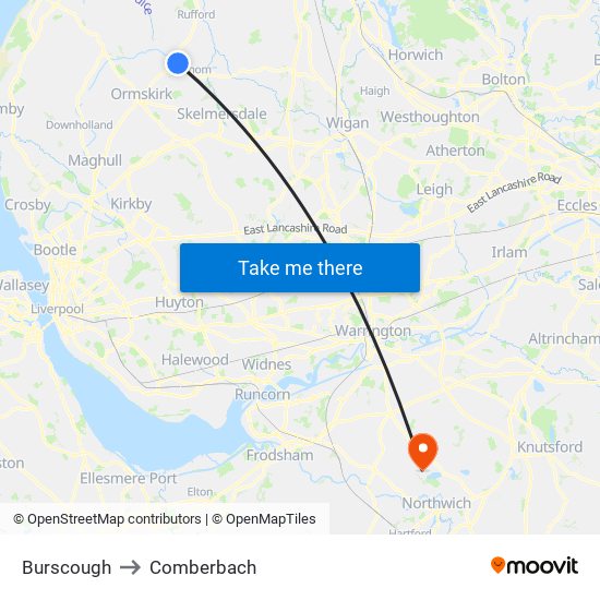 Burscough to Comberbach map