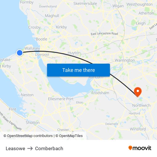 Leasowe to Comberbach map
