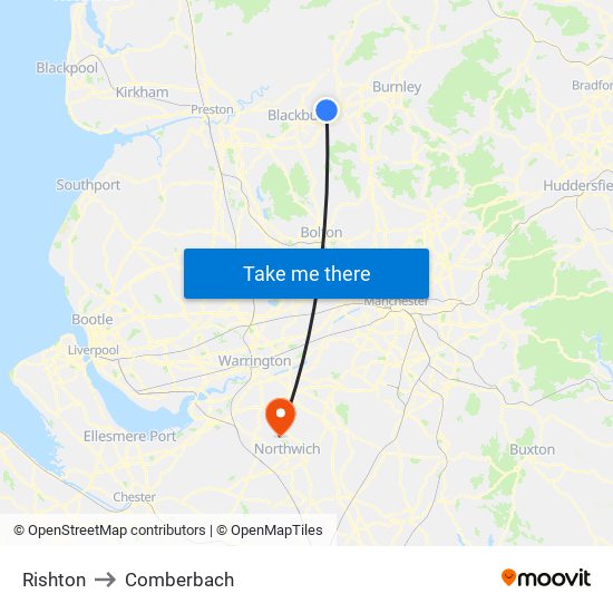 Rishton to Comberbach map