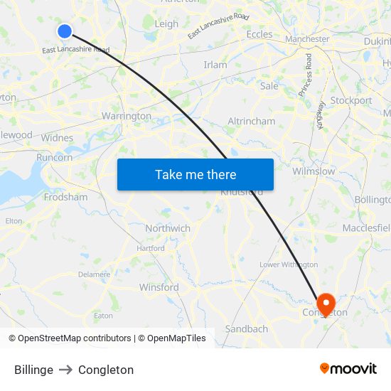 Billinge to Congleton map