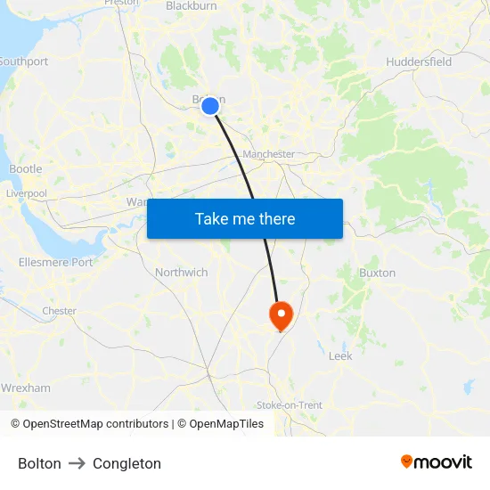 Bolton to Congleton map