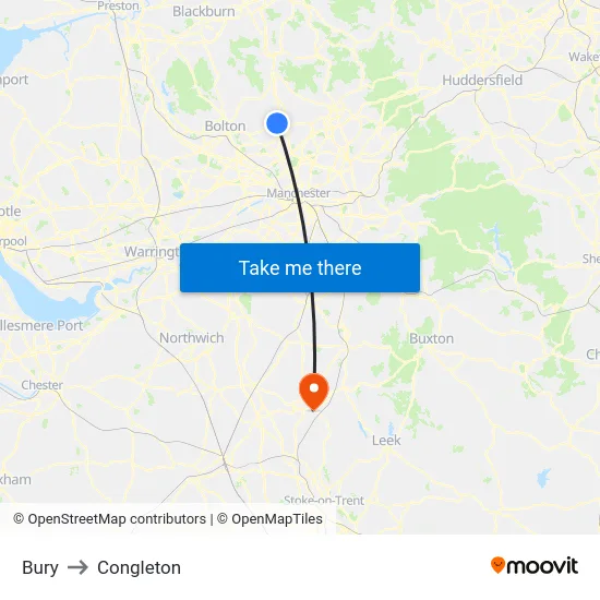 Bury to Congleton map