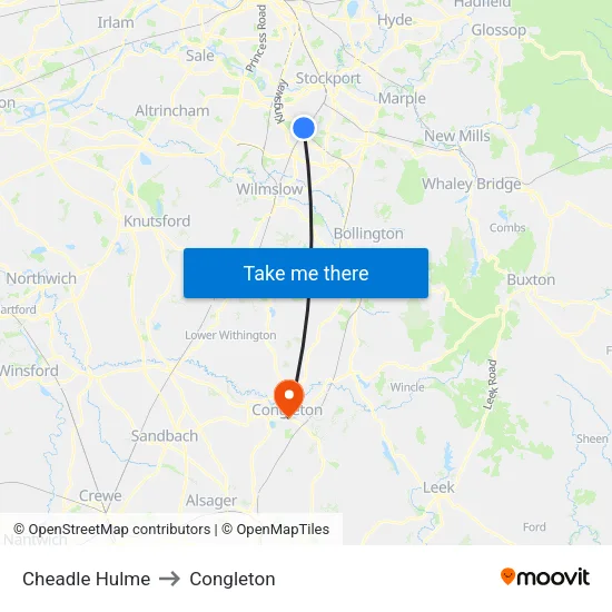 Cheadle Hulme to Congleton map